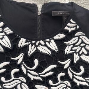BCBGMaxAzria Black Top with White Leaf Embroidery